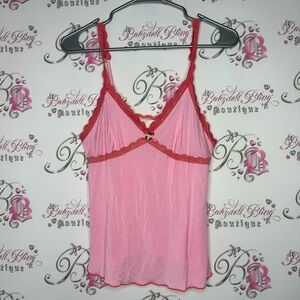 Mystique tank top pink lace trim sexy rose bud detail floral bow ribbon 🎀 y2k